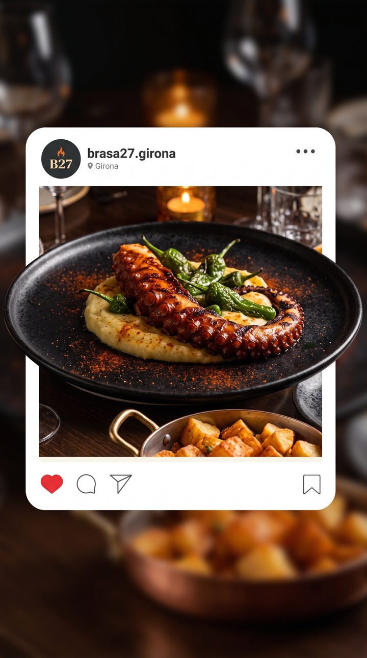 Anuncio para el restaurante BRASA 27: el plato sale del marco de un post de Instagram