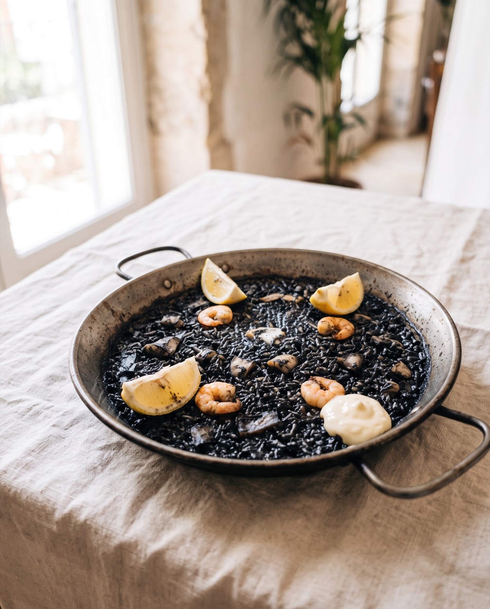 Después: el mismo arròs negre fotografiado con luz de ventana sobre un mantel de lino
