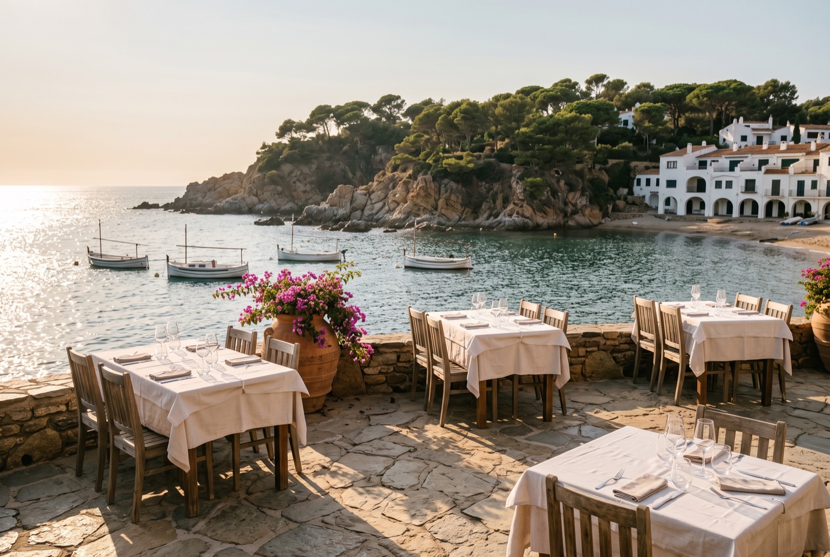 Terraza de un restaurante con mesas vestidas de lino frente a una cala con barcas de pesca